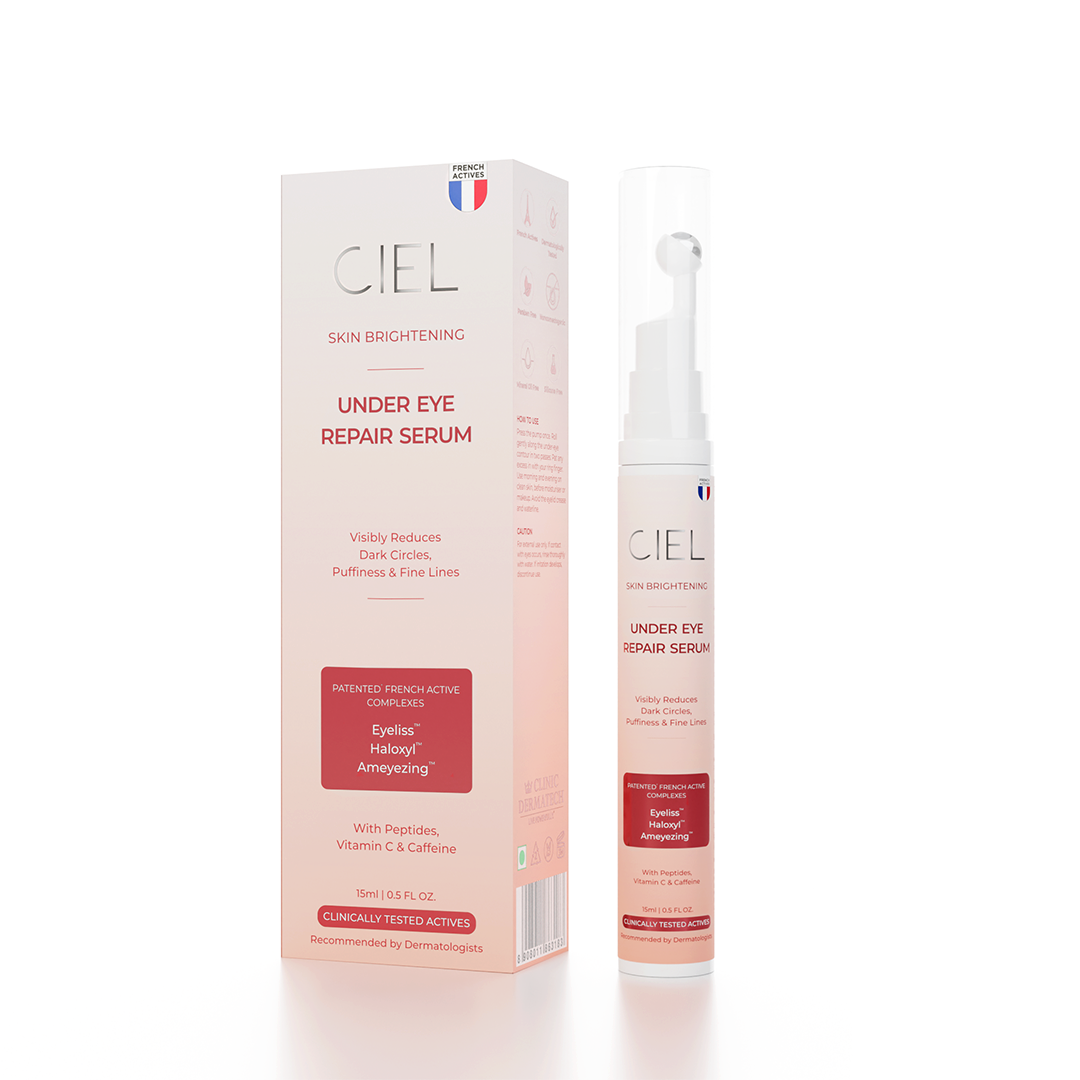 CIEL Skin Brightening Under Eye Repair Serum 15 ml bottle with cooling metal roller and outer pack