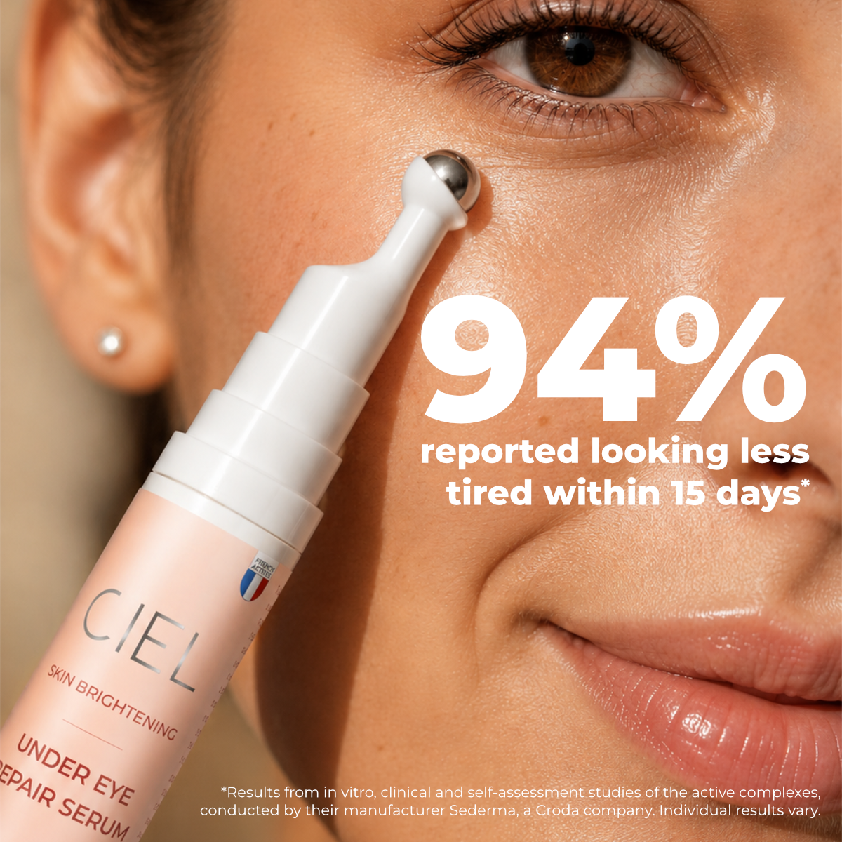 Close-up of CIEL Under Eye Repair Serum cooling roller under the eye, 94 percent reported looking less tired within 15 days