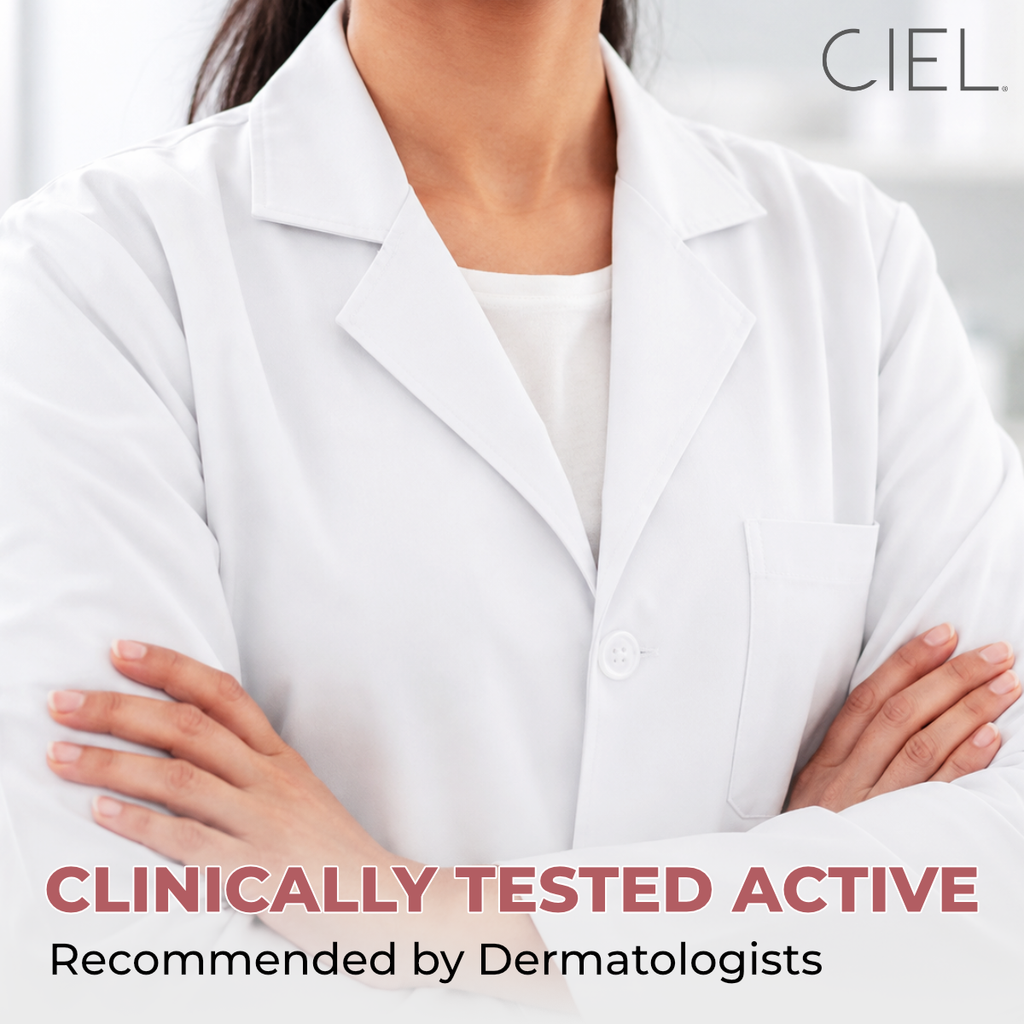 Dermatologist in white coat, CIEL Under Eye Repair Serum clinically tested actives recommended by dermatologists