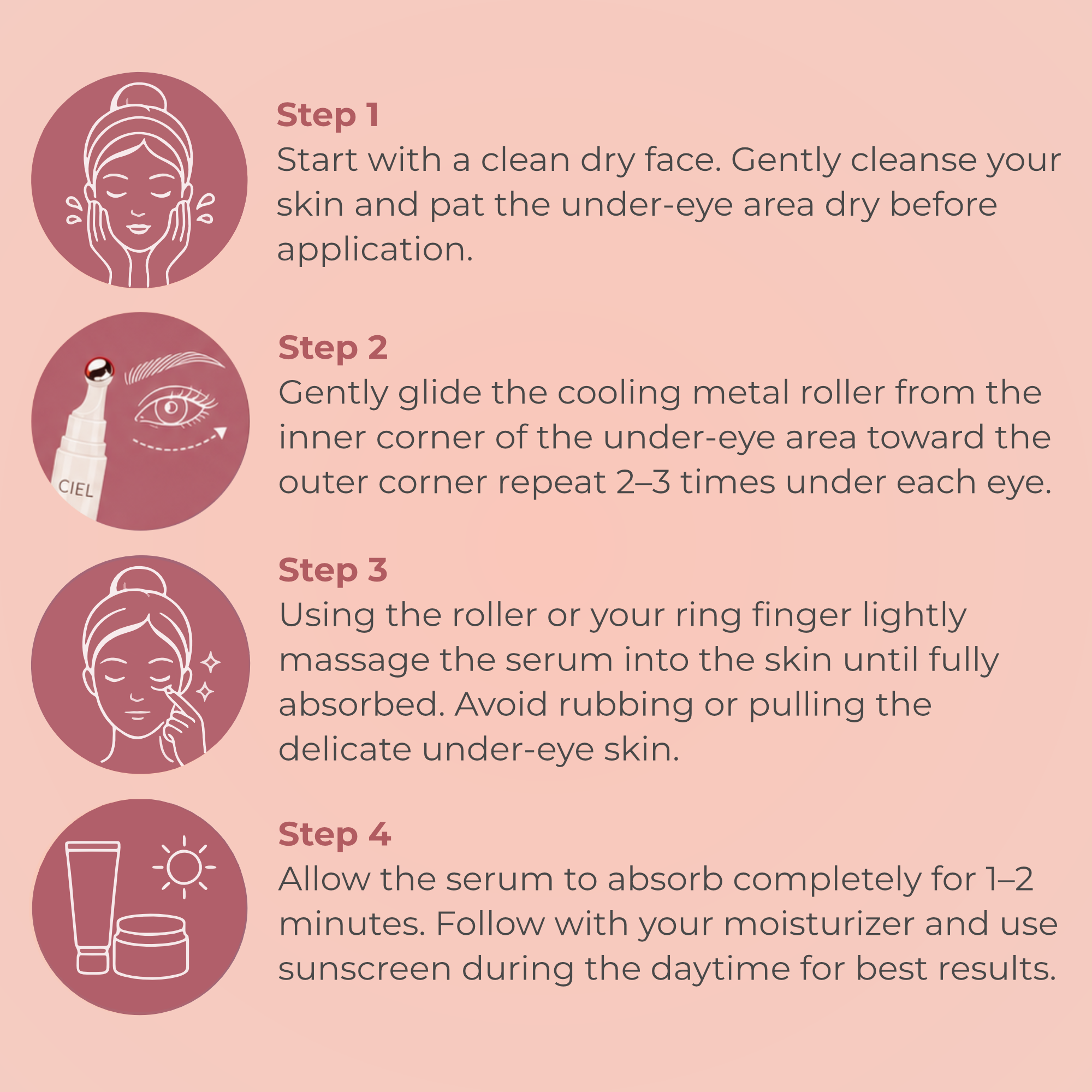 How to use CIEL Under Eye Repair Serum in four steps: cleanse, glide the cooling roller, massage in, follow with moisturiser